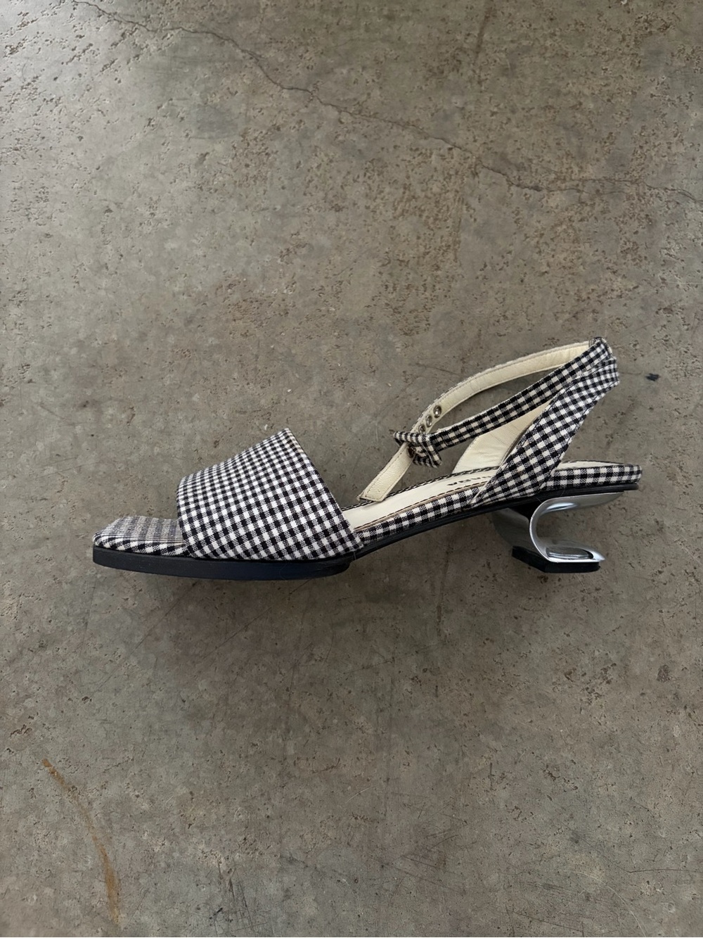 Gingham Square-Toe Slingback Heel in Black & White